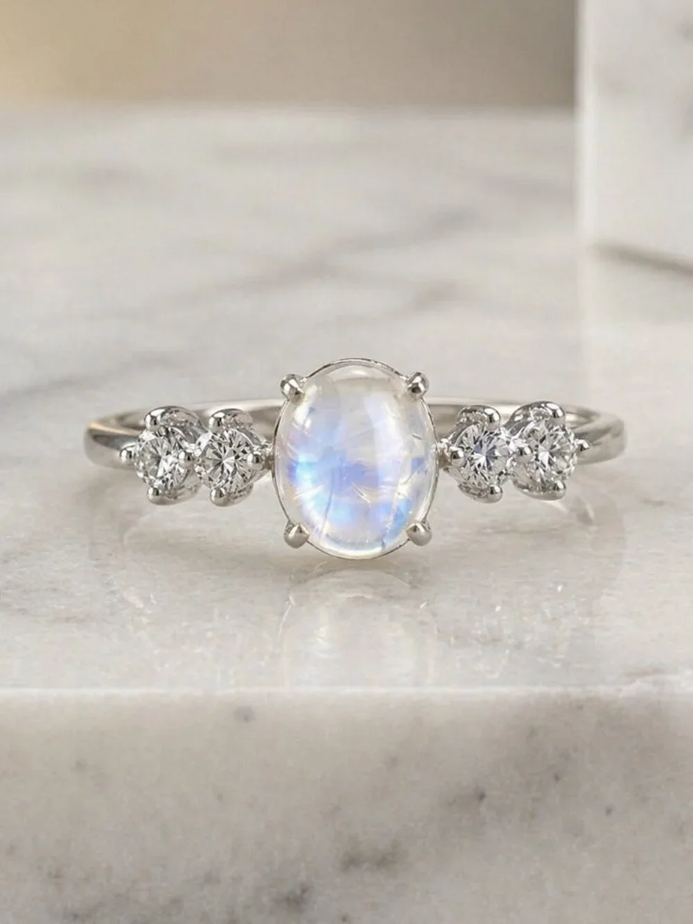 Celestial Dainty 925 Silver Genuine Moonstone CZ Minimalist Ring Size 6